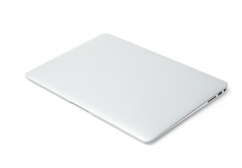 Thin silver aluminium laptop, white background
