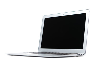Thin silver aluminium laptop, isolated on white
