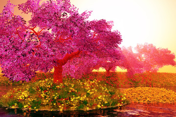 Mysterious Cherry Blossom Trees Japanese Garden 3D render