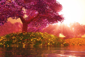 Obrazy na Plexi  Tajemnicze drzewa kwitnącej wiśni Ogród japoński 3D render