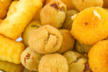Potato croquettes, fried mozzarella and stuffed olives