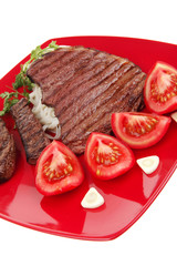 italian food : pasta with tomato and grilled sirloin
