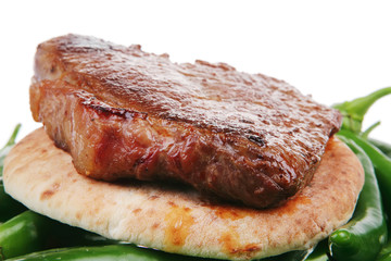 meaty food : roast meat steak on arabic bread