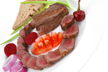 meat food : roast red meat slices served on white plate