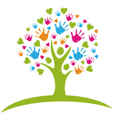 Tree with hands and hearts figures logo vector