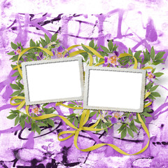 Old cement background with frame and bunch of flower
