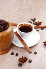 hot drink : black Turkish coffee in small white mug with mortar