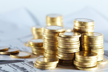 Business diagram on financial report with coins