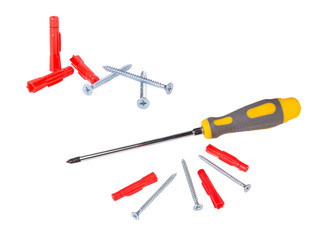 Screwdriver and  Fixings detail on a white background. Collage