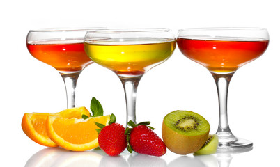 fruit jelly in glasses and fruits isolated on white
