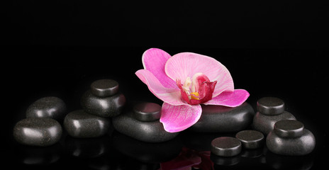 Fototapeta na wymiar Spa stones with orchid flower isolated on black