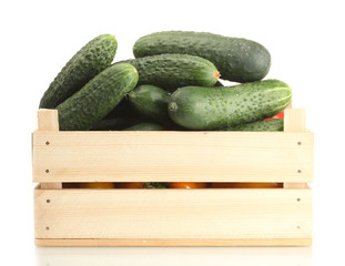 fresh cucumbers in wooden box  isolated on white