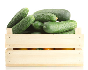 fresh cucumbers in wooden box  isolated on white