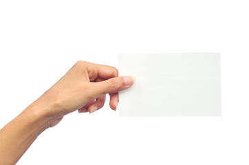 Paper card in woman hand isolated on white background