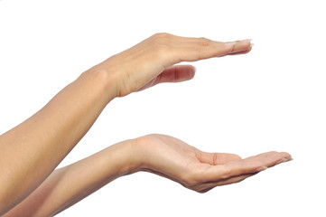 woman open hands isolated on white background