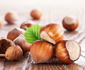 Filberts on a wooden table. Close-up shot.