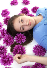 Teenager and purple flowers