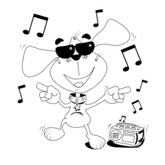 Cartoon dog dancing outline for colouring in book
