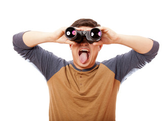 Funny man with binocular. On white background.