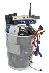 electronic scrap in trash can