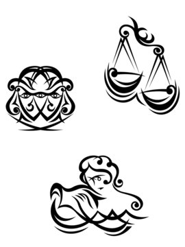 Aquarius, libra and gemini zodiacal symbols