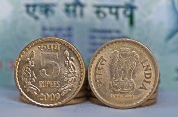 Close up of Indian Coin 5 rupees isolated copy space