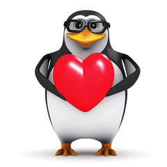 3d Penguin in glasses holds a Valentines heart