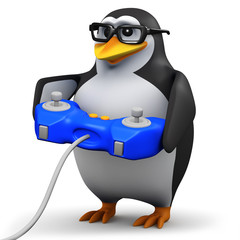 3d Penguin in glasses playing a console game