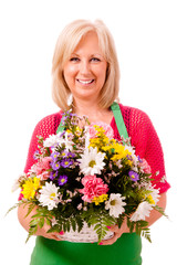 Portrait of smiling happy florist with flower arrangement
