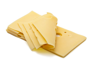 Stack of thin cheese pieces isolated on white background