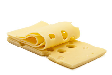 Stack of thin cheese pieces isolated on white background