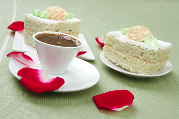 cake with whipped cream served with black coffee