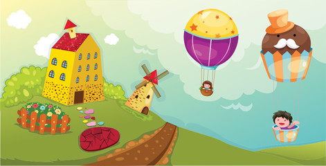 landscape boy and girl riding hot air balloon