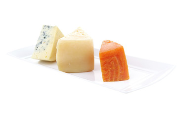 blue stilton roquefort with orange cheddar and yellow parmesan