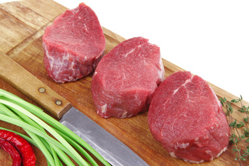 fresh fillet chops : raw beef fillet on wood