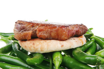 meaty food : grilled red meat steak over arabic pita  bread