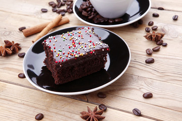 sweet food : black fragrant coffee and chocolate cake