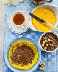 maize pancakes with hazelnut cream, healthy breakfast