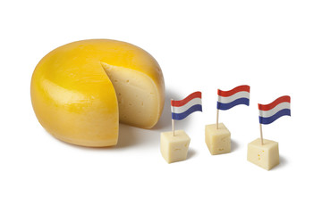 Gouda cheese with dutch flags