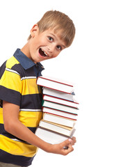 School boy is holding books
