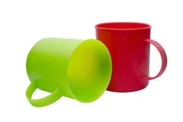 Red and green cups isolated on white background