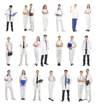 A collage of medical workers isolated on a white background