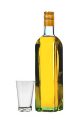 bottle of vodka with pepper and glass isolated on white