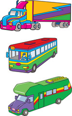 group of bus, truck, camping car