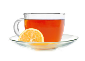 Glass cup tea with lemon slice isolated on a white background