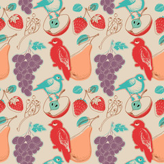 Fruits and birds retro seamless pattern