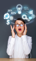 A business woman thinking about her work and tasks and plans. Ic