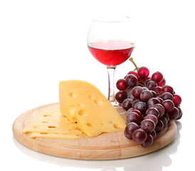 Wine in wineglass and cheese isolated on white