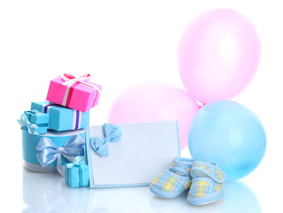 beautiful gifts, baby's bootees, blank postcard and balloons