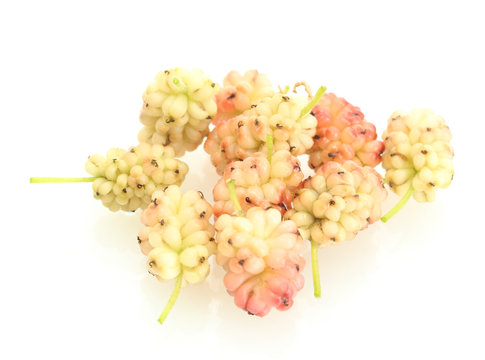 unripe mulberries isolated on white background close-up